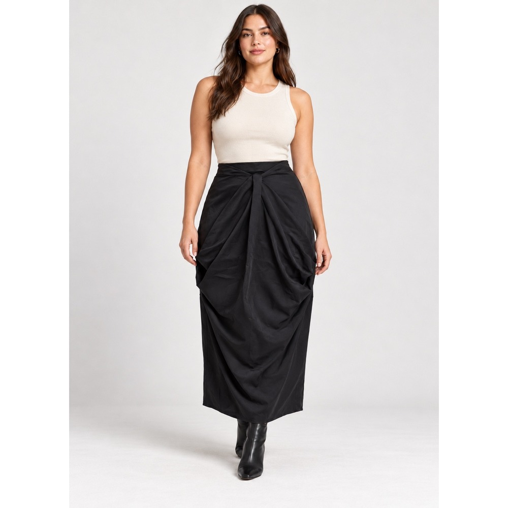 Zara Black Draped Draped Front Midi Skirt Size L NWT